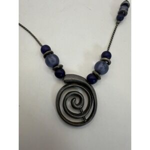Vintage Silver Tone Spiral Pendant Necklace – Blue Beaded Chain Jewelry